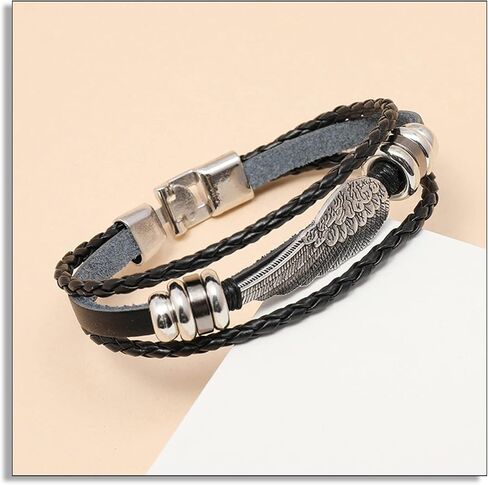 Heavstjer Punk Feather Bracelet Braided Leather Wristband Wrap Cuff Bracelet in Kuwait