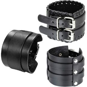 Cupimatch 3 Pcs Black Adjustable Leather Bracelet, Punk Rock Wide Leather Belt Cuff Bangle Wristband for Men in Saudi Arabia