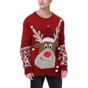 Ugly Christmas Sweater for Unisex Adults Woman Man Funny Reindeer Snowflakes Red Knitted Xmas Pullover