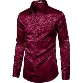 ZEROYAA Men's Hipster Jacquard Long Sleeve Satin Silk Like Button Up Dress Shirts for Party Prom