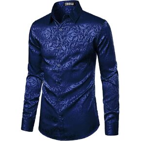 ZEROYAA Men's Hipster Jacquard Long Sleeve Satin Silk Like Button Up Dress Shirts for Party Prom in Kuwait