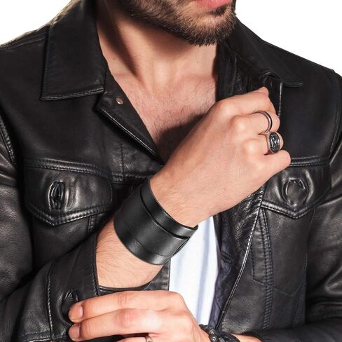 Cupimatch 3 Pcs Black Adjustable Leather Bracelet, Punk Rock Wide Leather Belt Cuff Bangle Wristband for Men in Saudi Arabia