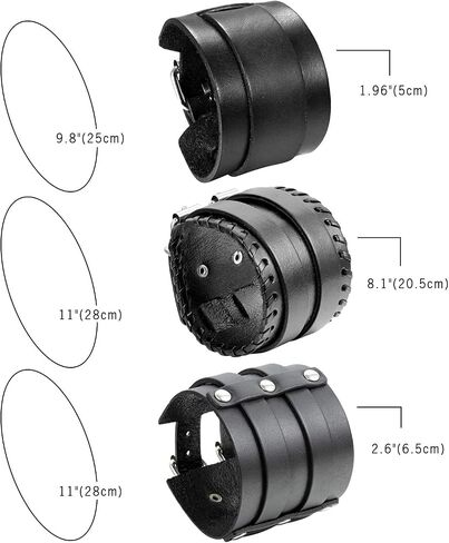 Cupimatch 3 Pcs Black Adjustable Leather Bracelet, Punk Rock Wide Leather Belt Cuff Bangle Wristband for Men in Saudi Arabia