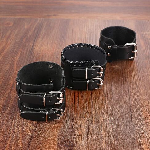 Cupimatch 3 Pcs Black Adjustable Leather Bracelet, Punk Rock Wide Leather Belt Cuff Bangle Wristband for Men in Saudi Arabia