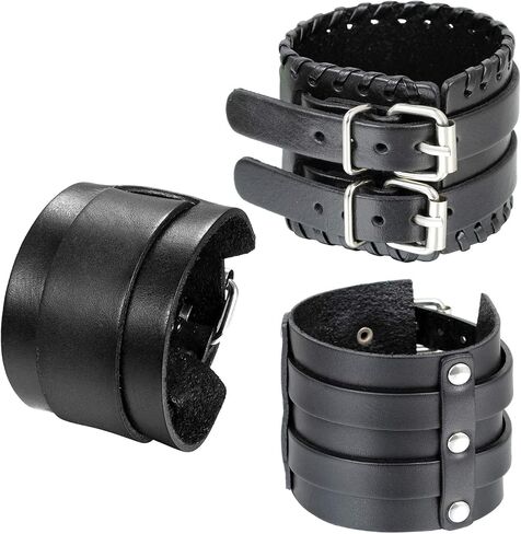 Cupimatch 3 Pcs Black Adjustable Leather Bracelet, Punk Rock Wide Leather Belt Cuff Bangle Wristband for Men in Saudi Arabia