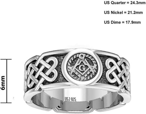 US Jewels Mens 925 Sterling Silver 6mm Celtic Masonic Master Mason Ring Band in Saudi Arabia