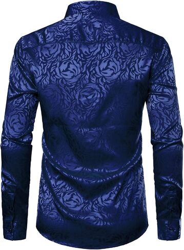 ZEROYAA Men's Hipster Jacquard Long Sleeve Satin Silk Like Button Up Dress Shirts for Party Prom in Kuwait