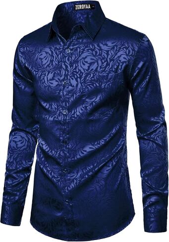 ZEROYAA Men's Hipster Jacquard Long Sleeve Satin Silk Like Button Up Dress Shirts for Party Prom in Kuwait