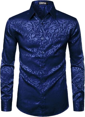 ZEROYAA Men's Hipster Jacquard Long Sleeve Satin Silk Like Button Up Dress Shirts for Party Prom in Kuwait