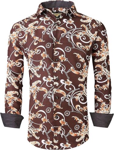 Premiere Men's Colorful Paisley Designer Fashion Dress Shirt Floral Casual Shirt Woven Long Sleeve Button Down Shirt in Kuwait