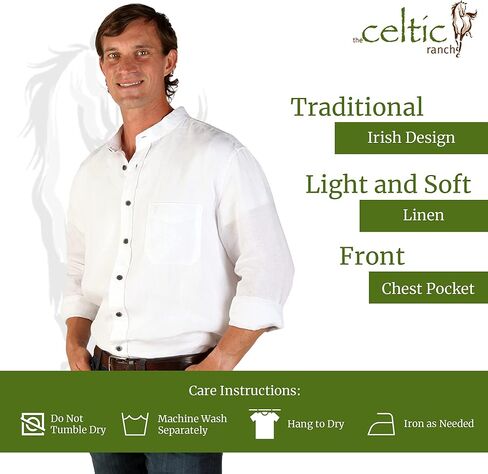 قميص The Celtic Ranch التقليدي الأيرلندي بدون ياقة، قميص رجالي طويل الأكمام مصنوع من الكتان بنسبة 100% in Kuwait