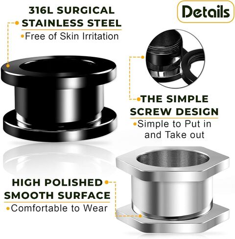 BIG GAUGES 2 Pairs 316L Surgical Steel Black Anodized Screw Flesh Tunnels Piercing Jewelry Stretcher Ear Hexagon Plugs Earring Lobe in Kuwait