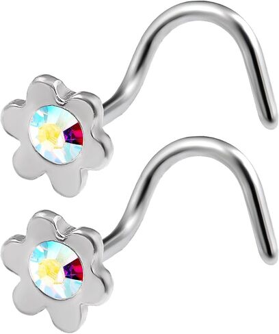 Bodyjewellery 2 قطعة 20 جرام 0.8 مللي متر الأنف المسمار خواتم زهرة المنخر المفتاح هوك مسمار الجراحية الفولاذ المقاوم للصدأ كريستال اختيار اللون in Kuwait