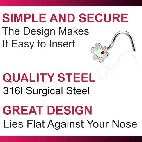 Bodyjewellery 2 قطعة 20 جرام 0.8 مللي متر الأنف المسمار خواتم زهرة المنخر المفتاح هوك مسمار الجراحية الفولاذ المقاوم للصدأ كريستال اختيار اللون in Kuwait