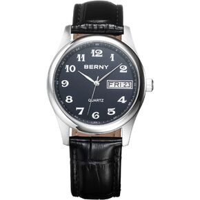 BERNY Watch for Men Arabic Numerals Easy to Read Leather Quick Release Band Quartz Watch Day Date Analog Dress Mens Wrist Watch