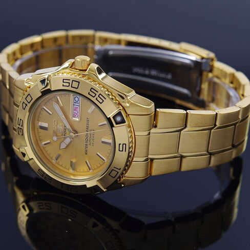 Seiko 5 Sports #SNZB26J1 Men's Japan Gold Tone Stainless Steel 100M Automatic Dive Watc1 by Seiko Watches in Saudi Arabia