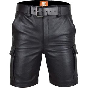 Original Leather Men’s | Cargo Shorts | Black Glossy Finish | with Leather Belt (32) in Saudi Arabia