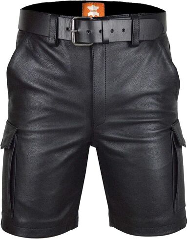 Original Leather Men’s | Cargo Shorts | Black Glossy Finish | with Leather Belt (32) in Saudi Arabia
