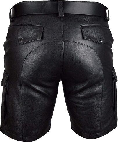 Original Leather Men’s | Cargo Shorts | Black Glossy Finish | with Leather Belt (32) in Saudi Arabia