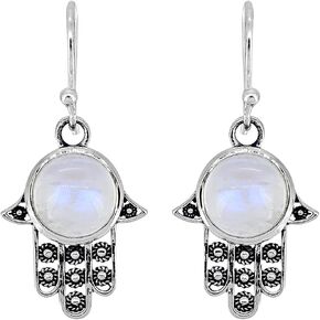 YoTreasure Rainbow Moonstone Earrings Solid 925 Sterling Silver Hamsa Hand Dangle Jewelry in Saudi Arabia
