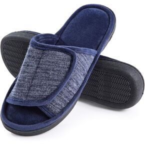 DL Adjustable Mens Slippers Memory Foam, Open Toe House Slippers for Men Comfy Indoor Outdoor, Cozy Breathable Slide Bedroom Velcor Slippers Size 7-14 Black Gray Navy Brown
