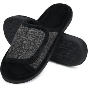 DL Adjustable Mens Slippers Memory Foam, Open Toe House Slippers for Men Comfy Indoor Outdoor, Cozy Breathable Slide Bedroom Velcor Slippers Size 7-14 Black Gray Navy Brown