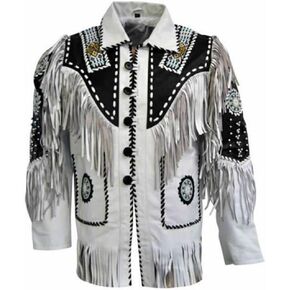 Men's Western Genuine Cowhide Leather Jacket| Traditional Native American Real Cowhide Cowboy Coat with Fringe in Kuwait