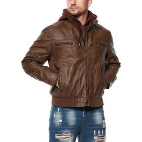 HOOD CREW Men Faux Leather Jacket with Detachable Hood Casual Motorcycle Bomber Jackets Outerwear
