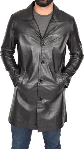 Mens 3/4 Long Black Leather Coat Crombie Style Jacket Overcoat Classic Trench Jones in Kuwait