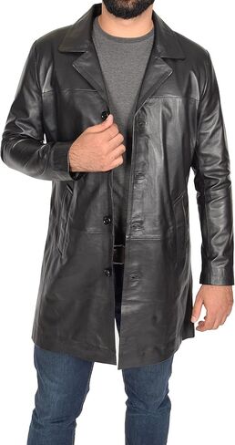 Mens 3/4 Long Black Leather Coat Crombie Style Jacket Overcoat Classic Trench Jones in Kuwait