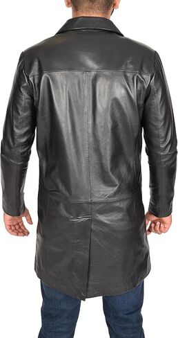 Mens 3/4 Long Black Leather Coat Crombie Style Jacket Overcoat Classic Trench Jones in Kuwait