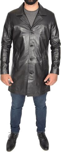 Mens 3/4 Long Black Leather Coat Crombie Style Jacket Overcoat Classic Trench Jones in Kuwait