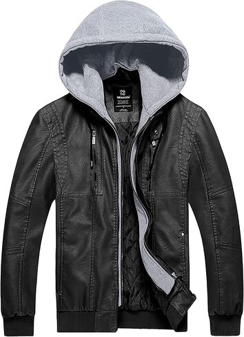 Wantdo Men's Faux Leather Jacket Motorcycle PU Jackets Warm Windproof Winter Coat with Removable Hood in Saudi Arabia