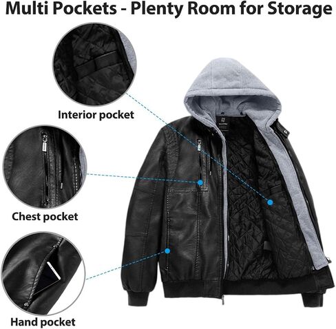 Wantdo Men's Faux Leather Jacket Motorcycle PU Jackets Warm Windproof Winter Coat with Removable Hood in Saudi Arabia
