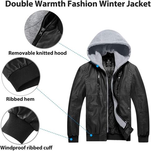 Wantdo Men's Faux Leather Jacket Motorcycle PU Jackets Warm Windproof Winter Coat with Removable Hood in Saudi Arabia