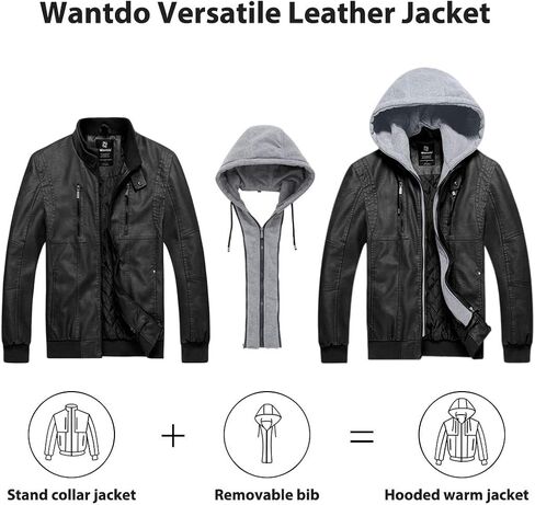 Wantdo Men's Faux Leather Jacket Motorcycle PU Jackets Warm Windproof Winter Coat with Removable Hood in Saudi Arabia
