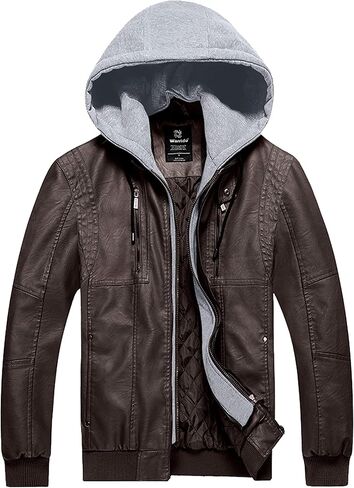 Wantdo Men's Faux Leather Jacket Motorcycle PU Jackets Warm Windproof Winter Coat with Removable Hood in Saudi Arabia