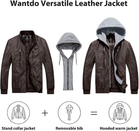 Wantdo Men's Faux Leather Jacket Motorcycle PU Jackets Warm Windproof Winter Coat with Removable Hood in Saudi Arabia