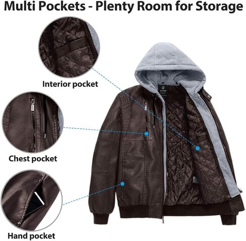 Wantdo Men's Faux Leather Jacket Motorcycle PU Jackets Warm Windproof Winter Coat with Removable Hood in Saudi Arabia