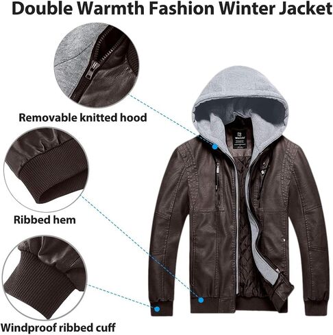 Wantdo Men's Faux Leather Jacket Motorcycle PU Jackets Warm Windproof Winter Coat with Removable Hood in Saudi Arabia