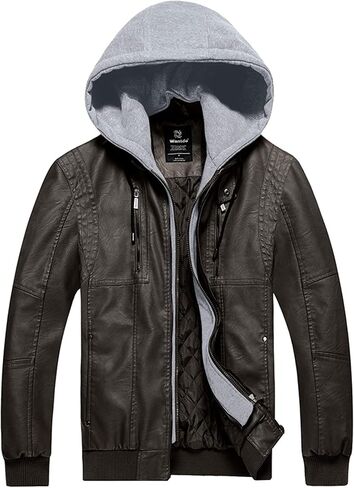 Wantdo Men's Faux Leather Jacket Motorcycle PU Jackets Warm Windproof Winter Coat with Removable Hood in Saudi Arabia