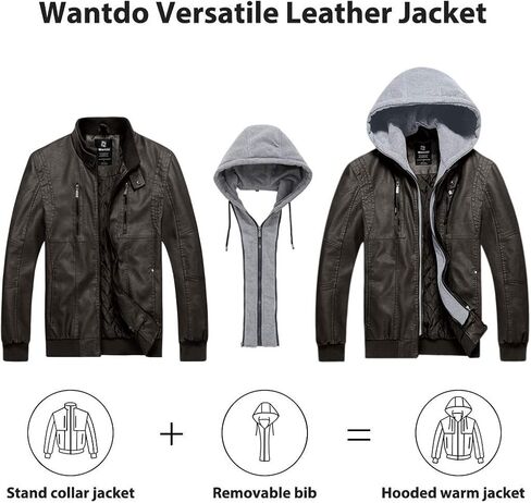 Wantdo Men's Faux Leather Jacket Motorcycle PU Jackets Warm Windproof Winter Coat with Removable Hood in Saudi Arabia