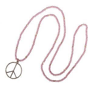 KELITCH Classic Peace Sign Necklace Love Hippie Pendant Frosted Crystal Beaded Necklace (Grey White)