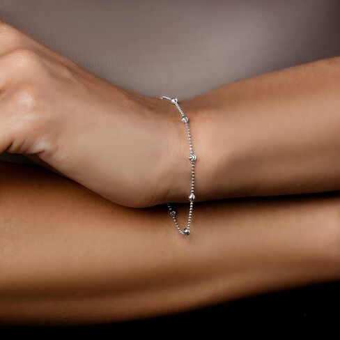 925 Italian Sterling Silver Diamond Cut Bead + Mooncut Chain Bracelet- 7 inches in Saudi Arabia