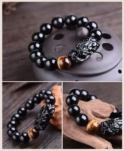 سوار سبج أسود، فنغ شوي سوار الثروة سبج أسود للنساء الرجال تمتد سوار سبج الإسورة مع حجر عين النمر Pixiu جذب المال الثروة وحظا سعيدا in Kuwait