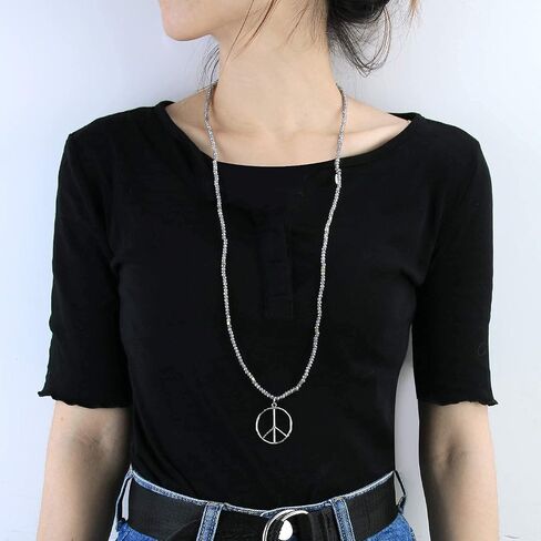 KELITCH Classic Peace Sign Necklace Love Hippie Pendant Frosted Crystal Beaded Necklace (Grey White) in Saudi Arabia