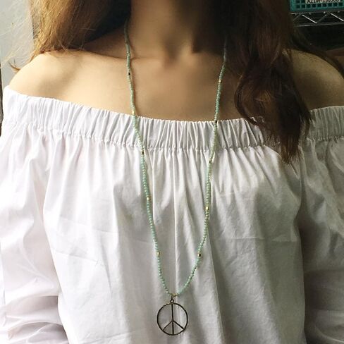 KELITCH Classic Peace Sign Necklace Love Hippie Pendant Frosted Crystal Beaded Necklace (Grey White) in Saudi Arabia