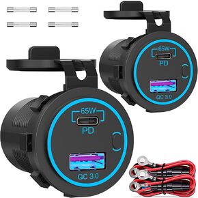 83W 12V USB Outlet Laptop Charger: Newest 2 Pack 65W USB-C PD3.0 and 18W QC3.0 Multi Car USB Port 12V Socket Waterproof with Power Switch for Car Boat Marine Bus Truck Golf Cart RV Moto, etc. in Saudi Arabia