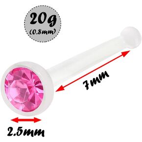 bodyjewellery 4pcs 20g 0.8mm Nose Stud Bone Straight Bar Nostril Ring Bioflex Flexible Crystal Pick Color