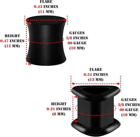 BIG GAUGES 2 Pairs Silicone Black Double Flared Saddle Piercing Jewelry Stretcher Ear Solid Plugs Earring Lobe Flesh Triangle Tunnel in Kuwait